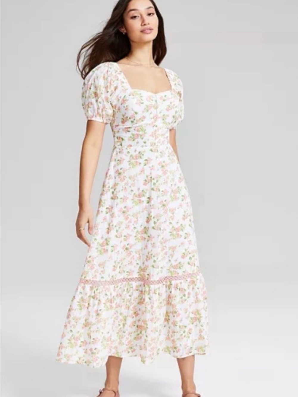 And now this Floral Puff-Sleeve Midi Dress in White and Pink